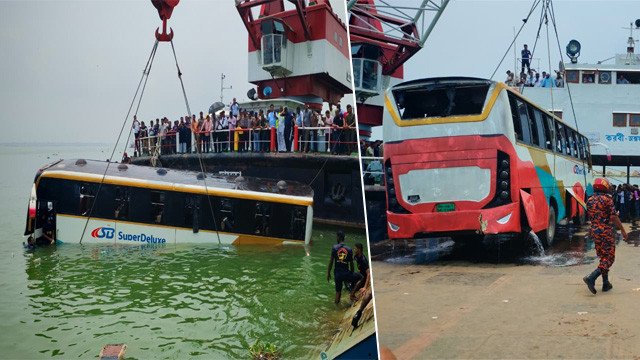 দৌলতদিয়ায় নদীতে পড়া বাস উদ্ধার, অল্পের জন্য রক্ষা পেলেন চালকসহ তিনজন